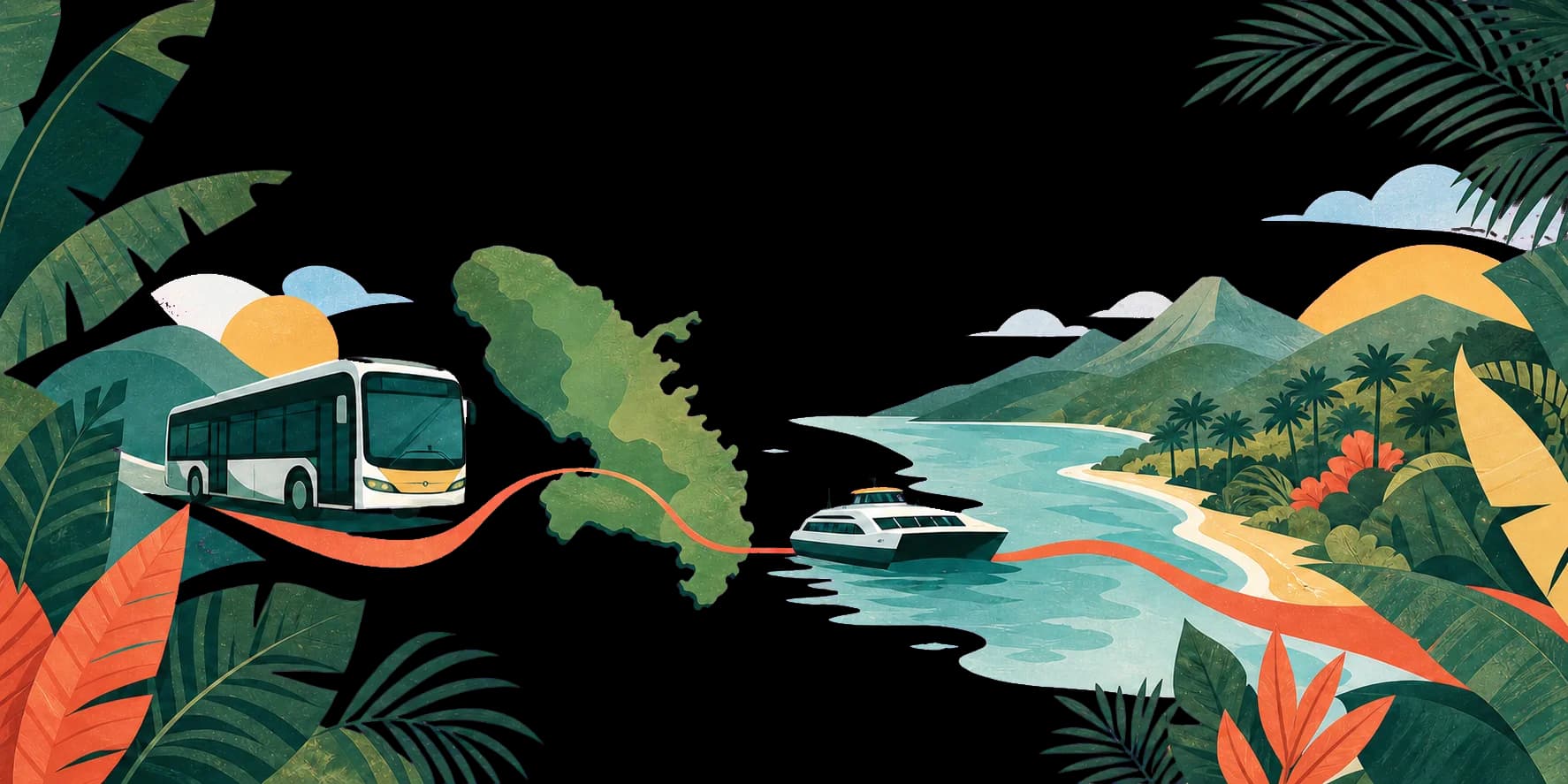 Illustration des transports en Martinique avec un bus et la carte du territoire